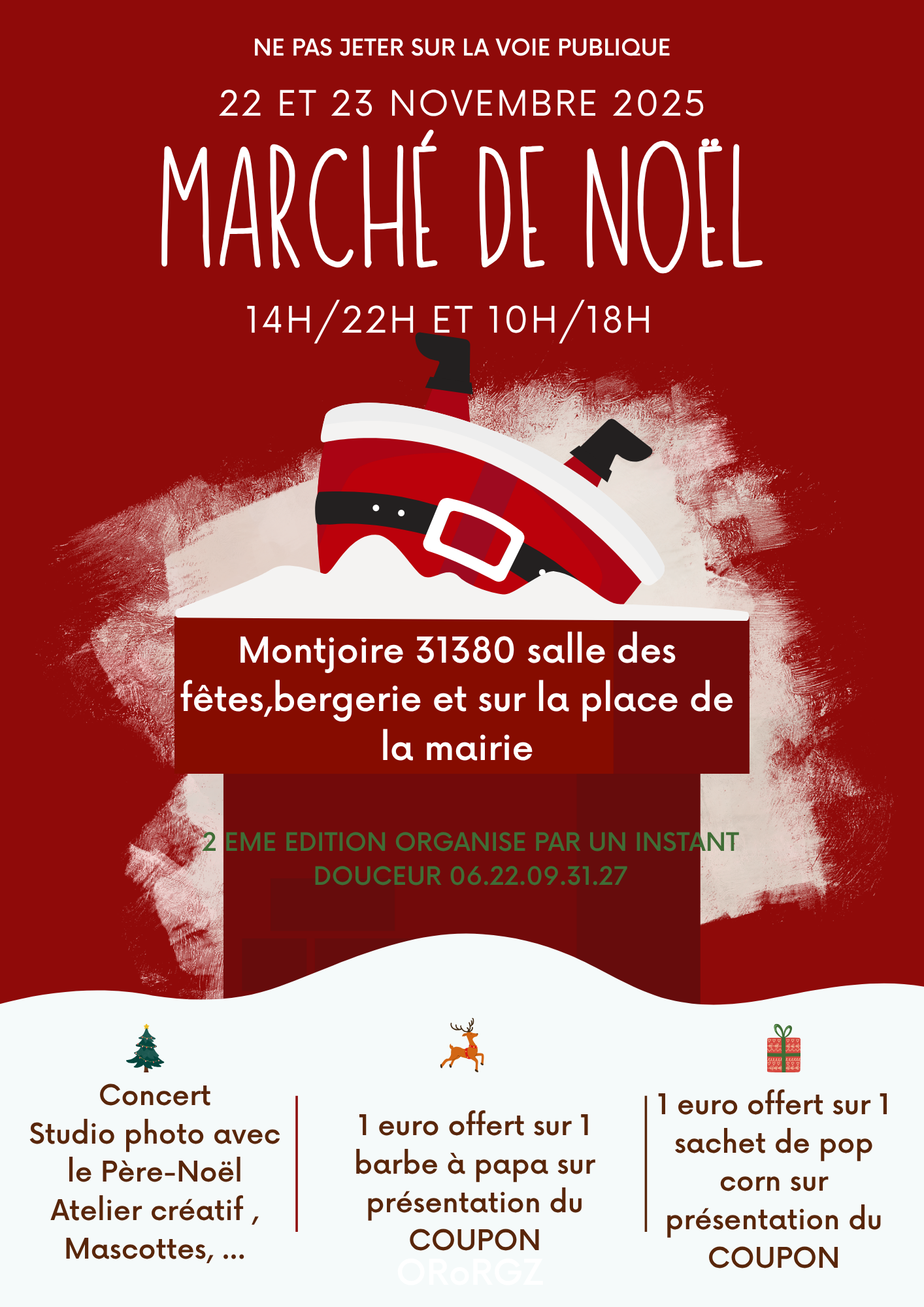 Fond rouge, image centrale avec nuage blanc, cheminée et père noël les pieds en l'air et la tête dans la cheminée. Infos écrite reprenant les éléments sur l'événement : Marché de Noël 2ème édition.